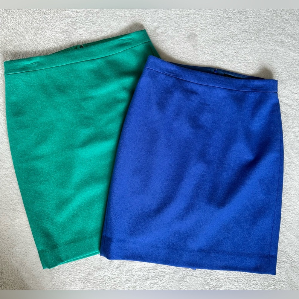 Lot Of 2 - J Crew The Pencil Skirt, Size 6, Blue And Green, Wool